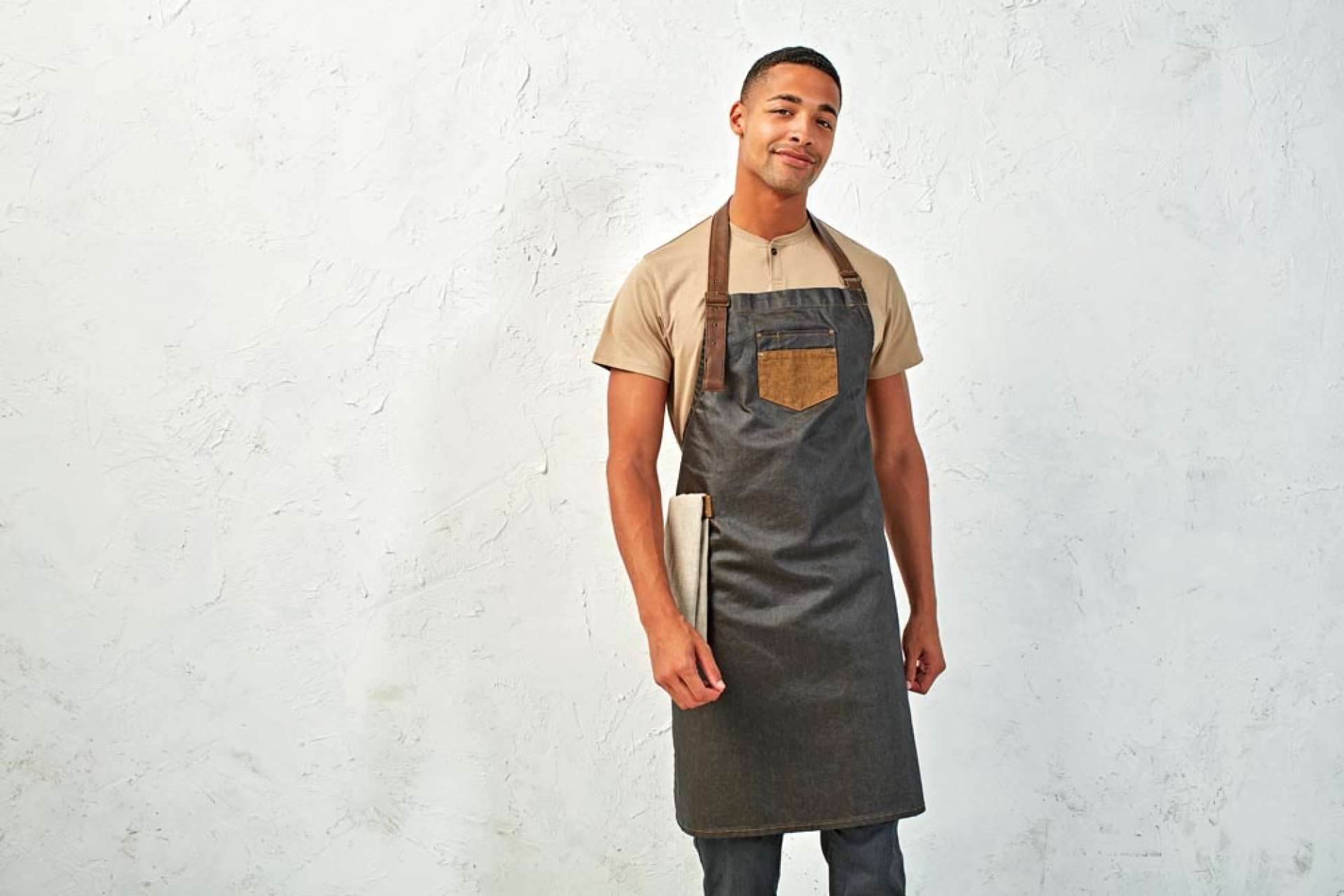 'DIVISION' WAXED LOOK DENIM BIB APRON WITH FAUX LEATHER